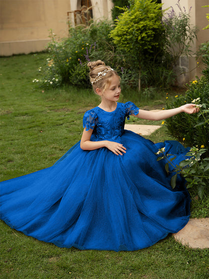 Robe Col Rond en Tulle pour Petite Fille d'Honneur avec Appliques et Nœud en Satin