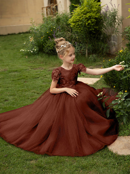 Robe Col Rond en Tulle pour Petite Fille d'Honneur avec Appliques et Nœud en Satin