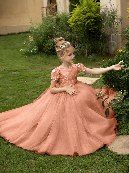 Robe Col Rond en Tulle pour Petite Fille d'Honneur avec Appliques et Nœud en Satin