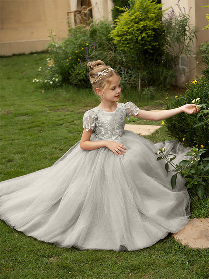 Robe Col Rond en Tulle pour Petite Fille d'Honneur avec Appliques et Nœud en Satin