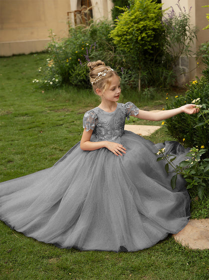 Robe Col Rond en Tulle pour Petite Fille d'Honneur avec Appliques et Nœud en Satin