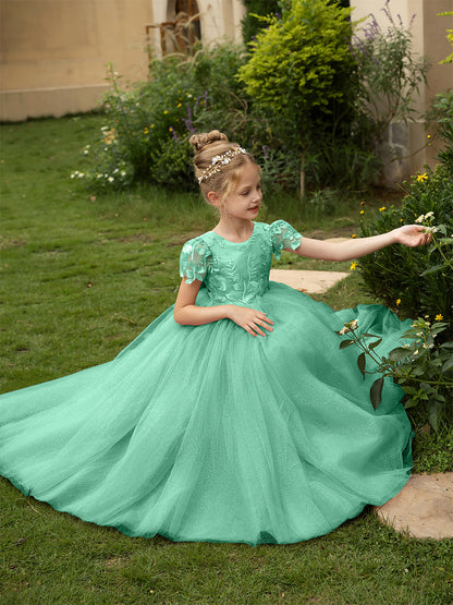 Robe Col Rond en Tulle pour Petite Fille d'Honneur avec Appliques et Nœud en Satin