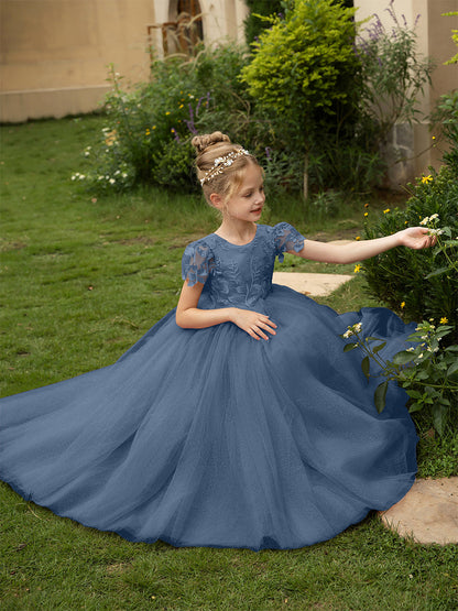 Robe Col Rond en Tulle pour Petite Fille d'Honneur avec Appliques et Nœud en Satin