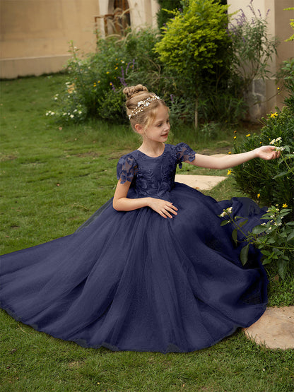 Robe Col Rond en Tulle pour Petite Fille d'Honneur avec Appliques et Nœud en Satin