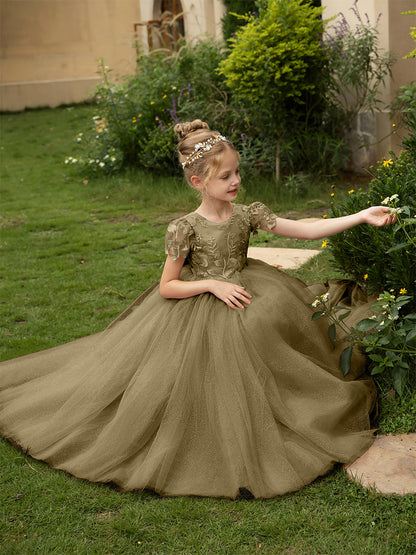 Robe Col Rond en Tulle pour Petite Fille d'Honneur avec Appliques et Nœud en Satin