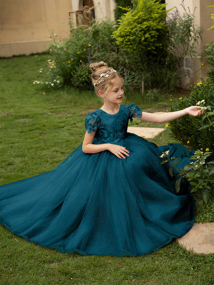 Robe Col Rond en Tulle pour Petite Fille d'Honneur avec Appliques et Nœud en Satin