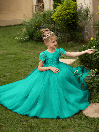 Robe Col Rond en Tulle pour Petite Fille d'Honneur avec Appliques et Nœud en Satin