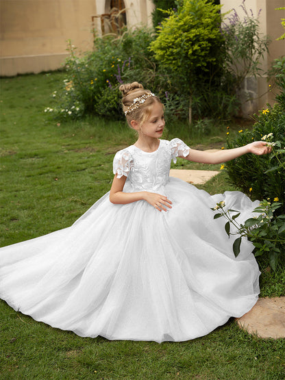 Robe Col Rond en Tulle pour Petite Fille d'Honneur avec Appliques et Nœud en Satin