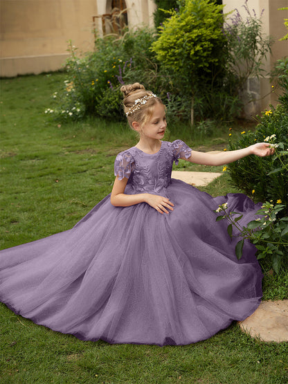 Robe Col Rond en Tulle pour Petite Fille d'Honneur avec Appliques et Nœud en Satin