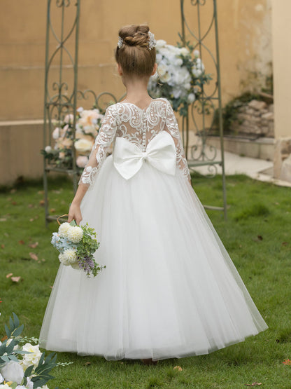 Robe Col Rond en Tulle pour Petite Fille d'Honneur avec Appliques et Nœud en Satin