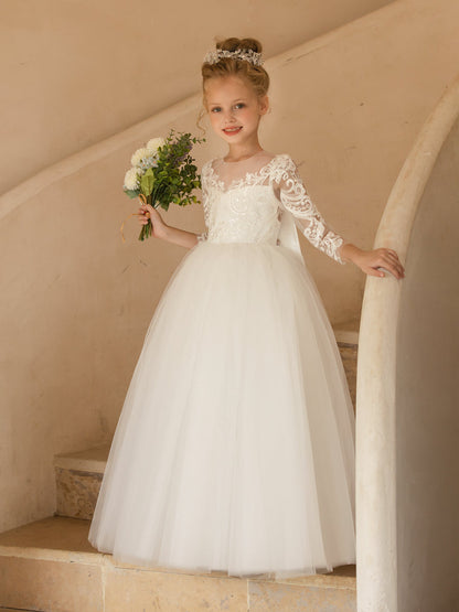 Robe Col Rond en Tulle pour Petite Fille d'Honneur avec Appliques et Nœud en Satin