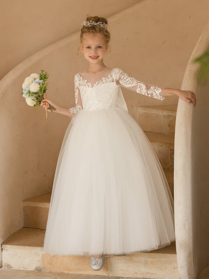 Robe Col Rond en Tulle pour Petite Fille d'Honneur avec Appliques et Nœud en Satin