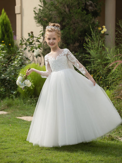 Robe Col Rond en Tulle pour Petite Fille d'Honneur avec Appliques et Nœud en Satin