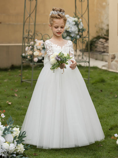 Robe Col Rond en Tulle pour Petite Fille d'Honneur avec Appliques et Nœud en Satin