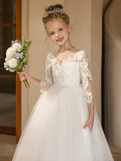 Robe Col Rond en Tulle pour Petite Fille d'Honneur avec Appliques et Nœud en Satin