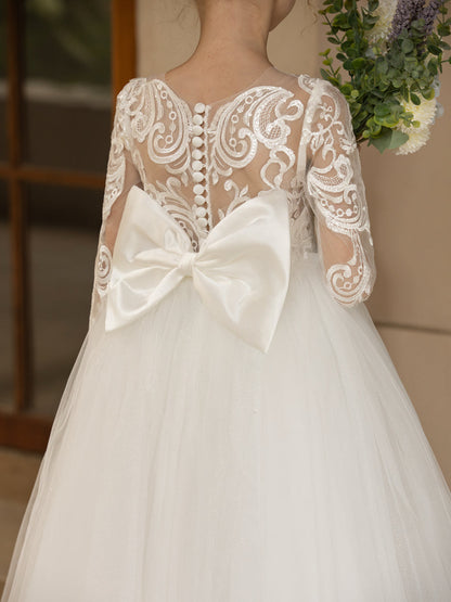 Robe Col Rond en Tulle pour Petite Fille d'Honneur avec Appliques et Nœud en Satin