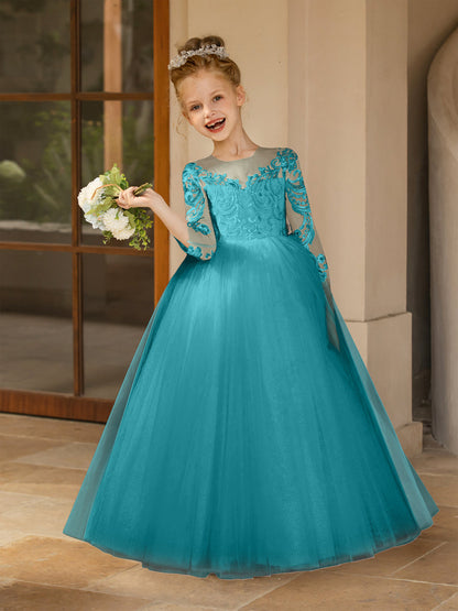 Robe Col Rond en Tulle pour Petite Fille d'Honneur avec Appliques et Nœud en Satin