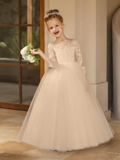 Robe Col Rond en Tulle pour Petite Fille d'Honneur avec Appliques et Nœud en Satin