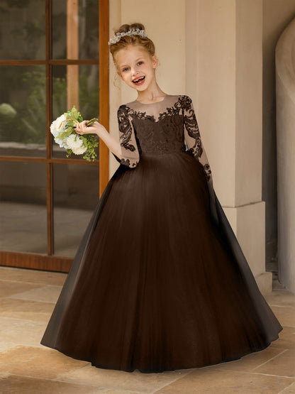 Robe Col Rond en Tulle pour Petite Fille d'Honneur avec Appliques et Nœud en Satin