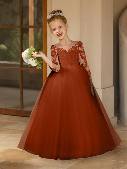 Robe Col Rond en Tulle pour Petite Fille d'Honneur avec Appliques et Nœud en Satin