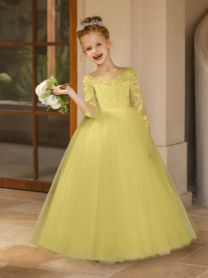 Robe Col Rond en Tulle pour Petite Fille d'Honneur avec Appliques et Nœud en Satin