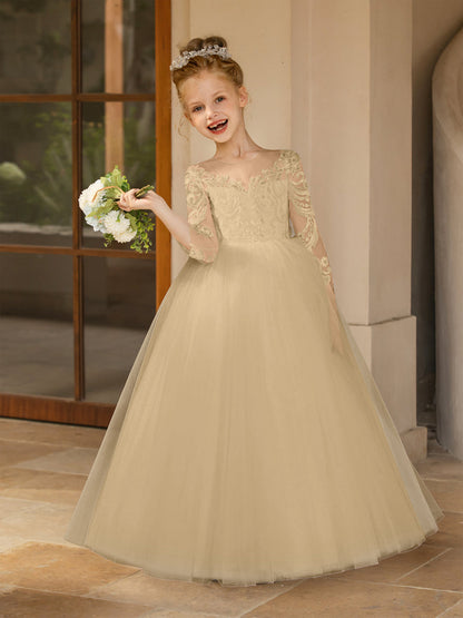 Robe Col Rond en Tulle pour Petite Fille d'Honneur avec Appliques et Nœud en Satin