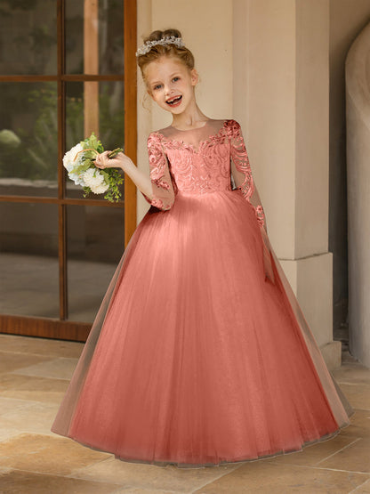 Robe Col Rond en Tulle pour Petite Fille d'Honneur avec Appliques et Nœud en Satin