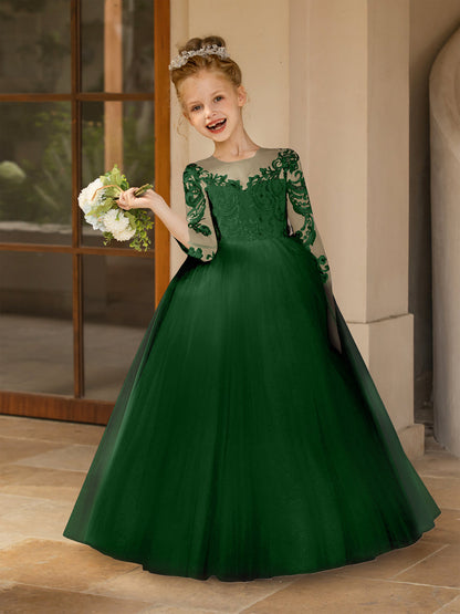 Robe Col Rond en Tulle pour Petite Fille d'Honneur avec Appliques et Nœud en Satin