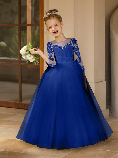 Robe Col Rond en Tulle pour Petite Fille d'Honneur avec Appliques et Nœud en Satin