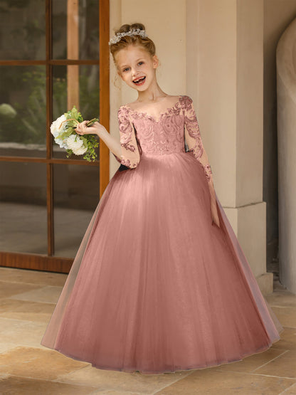 Robe Col Rond en Tulle pour Petite Fille d'Honneur avec Appliques et Nœud en Satin