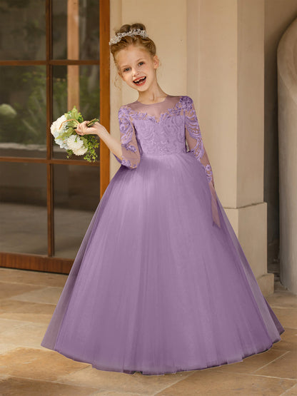 Robe Col Rond en Tulle pour Petite Fille d'Honneur avec Appliques et Nœud en Satin