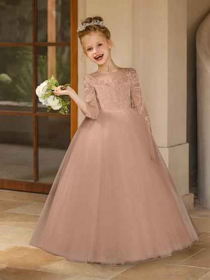 Robe Col Rond en Tulle pour Petite Fille d'Honneur avec Appliques et Nœud en Satin
