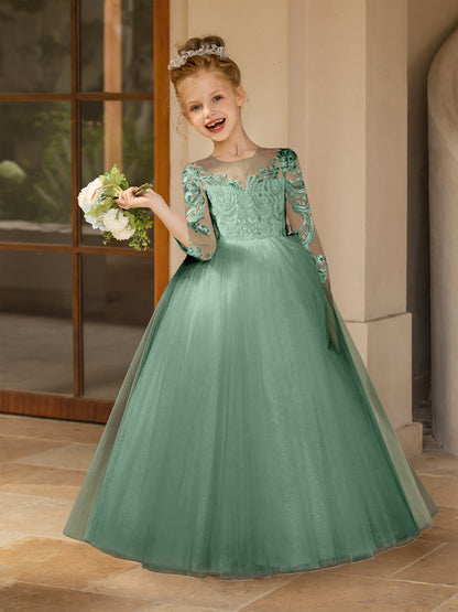 Robe Col Rond en Tulle pour Petite Fille d'Honneur avec Appliques et Nœud en Satin