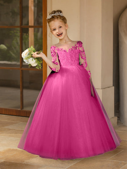Robe Col Rond en Tulle pour Petite Fille d'Honneur avec Appliques et Nœud en Satin