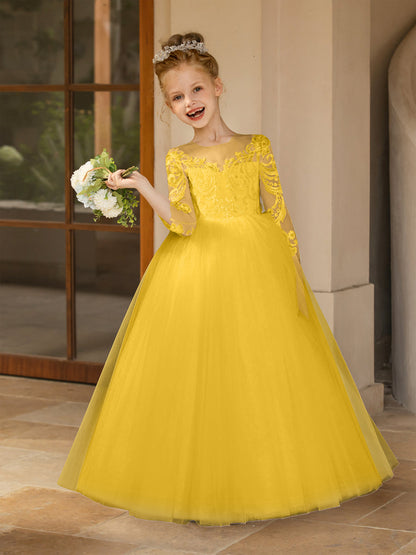 Robe Col Rond en Tulle pour Petite Fille d'Honneur avec Appliques et Nœud en Satin