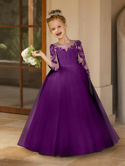 Robe Col Rond en Tulle pour Petite Fille d'Honneur avec Appliques et Nœud en Satin