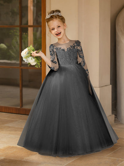 Robe Col Rond en Tulle pour Petite Fille d'Honneur avec Appliques et Nœud en Satin