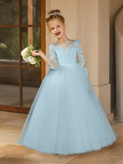 Robe Col Rond en Tulle pour Petite Fille d'Honneur avec Appliques et Nœud en Satin