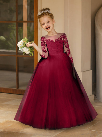 Robe Col Rond en Tulle pour Petite Fille d'Honneur avec Appliques et Nœud en Satin