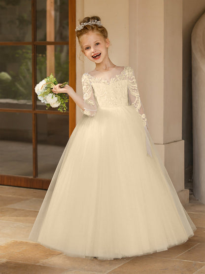 Robe Col Rond en Tulle pour Petite Fille d'Honneur avec Appliques et Nœud en Satin