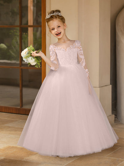 Robe Col Rond en Tulle pour Petite Fille d'Honneur avec Appliques et Nœud en Satin