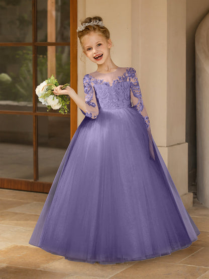 Robe Col Rond en Tulle pour Petite Fille d'Honneur avec Appliques et Nœud en Satin