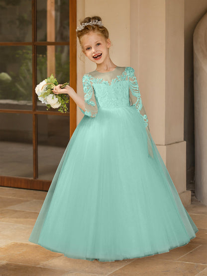 Robe Col Rond en Tulle pour Petite Fille d'Honneur avec Appliques et Nœud en Satin