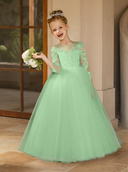 Robe Col Rond en Tulle pour Petite Fille d'Honneur avec Appliques et Nœud en Satin