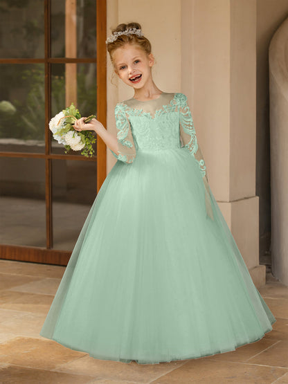 Robe Col Rond en Tulle pour Petite Fille d'Honneur avec Appliques et Nœud en Satin
