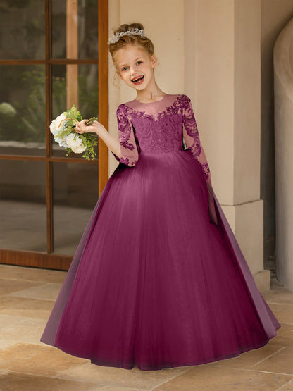 Robe Col Rond en Tulle pour Petite Fille d'Honneur avec Appliques et Nœud en Satin
