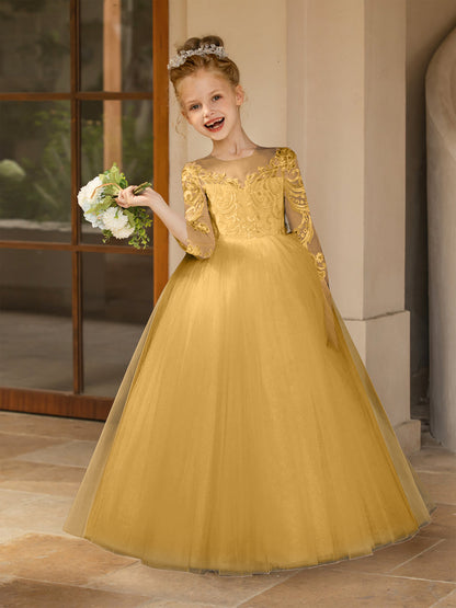 Robe Col Rond en Tulle pour Petite Fille d'Honneur avec Appliques et Nœud en Satin