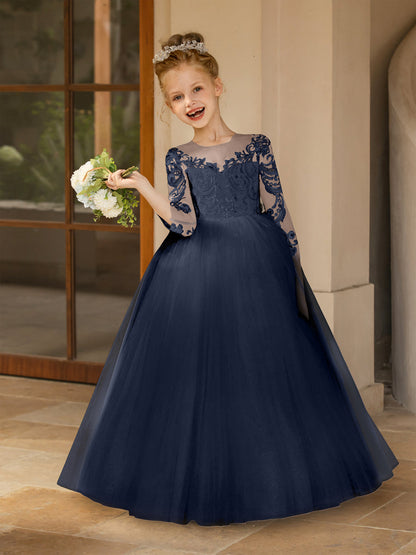 Robe Col Rond en Tulle pour Petite Fille d'Honneur avec Appliques et Nœud en Satin