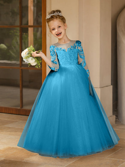 Robe Col Rond en Tulle pour Petite Fille d'Honneur avec Appliques et Nœud en Satin