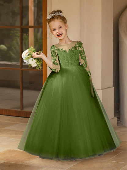 Robe Col Rond en Tulle pour Petite Fille d'Honneur avec Appliques et Nœud en Satin